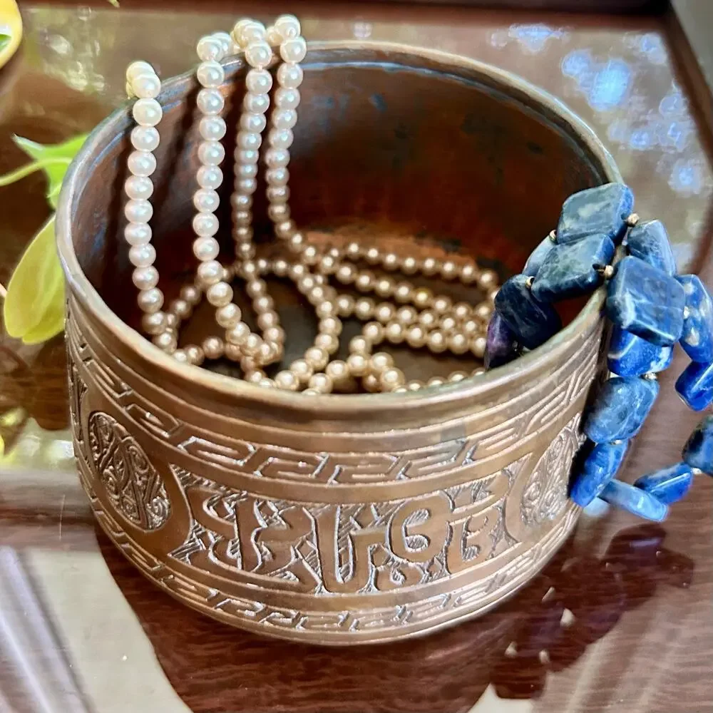 Antique Middle Eastern Kwispedoor Copper Bowl with Etched Arabic Calligraphy